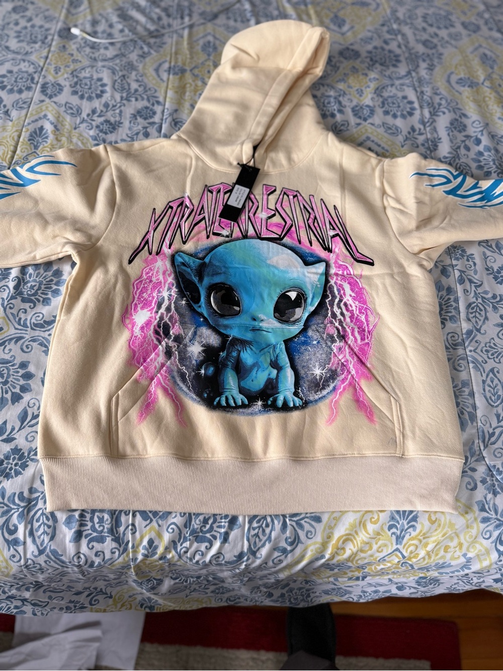 KDNK Mens Cream Hoodie with Blue Alien Graphic by XTRAPLESTRL